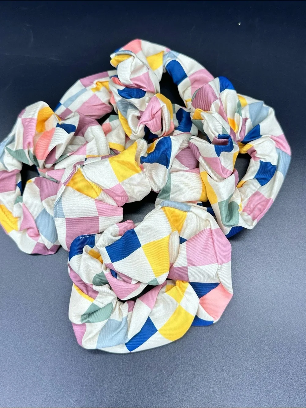 Lot of 6 Pastel Checkerboard Hair Scrunchies Colorful Plaid Checkered Elastic